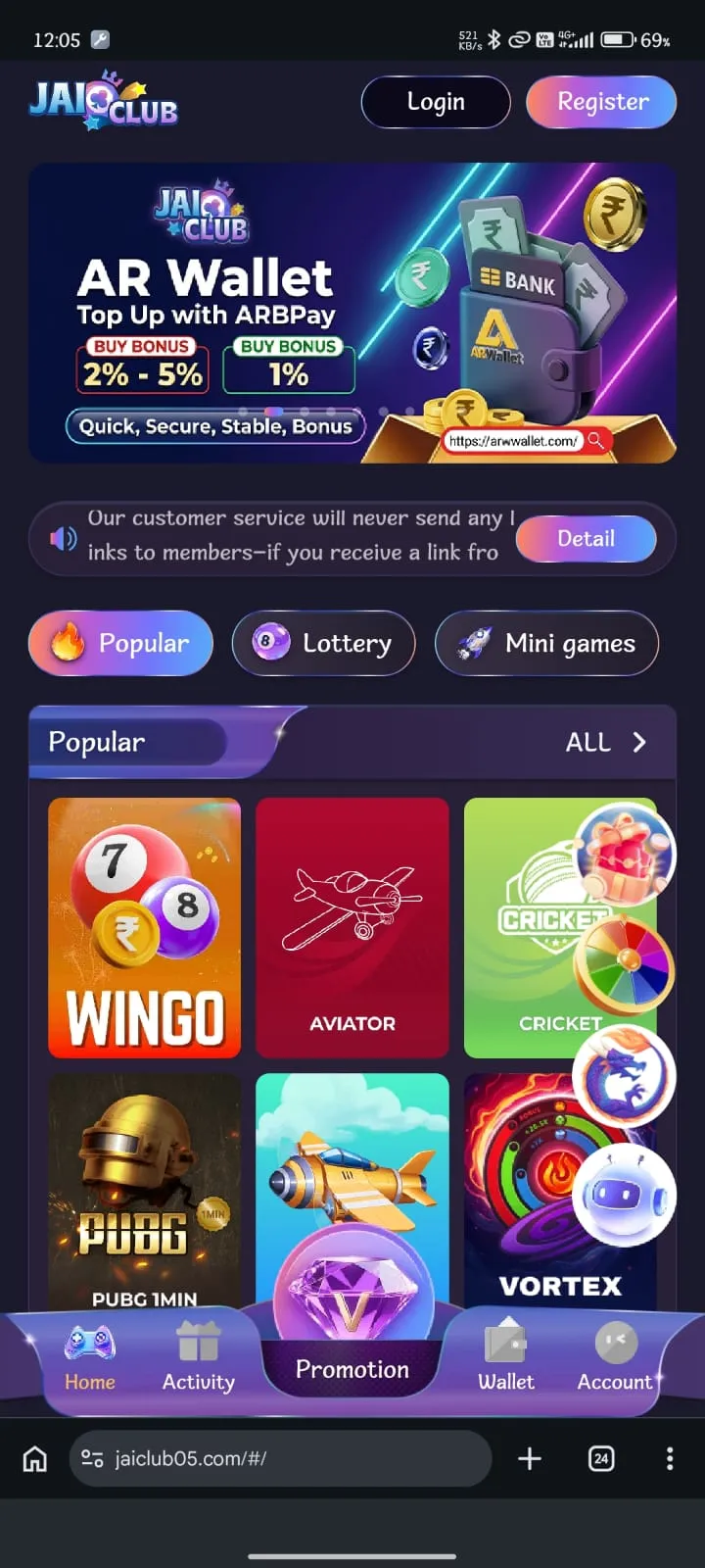 Jai Club App home interface showing Wingo and color prediction games