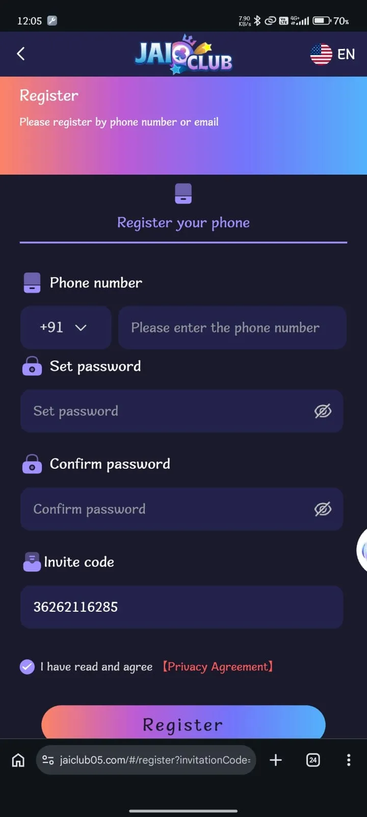 Jai Club App new register interface with referral code field