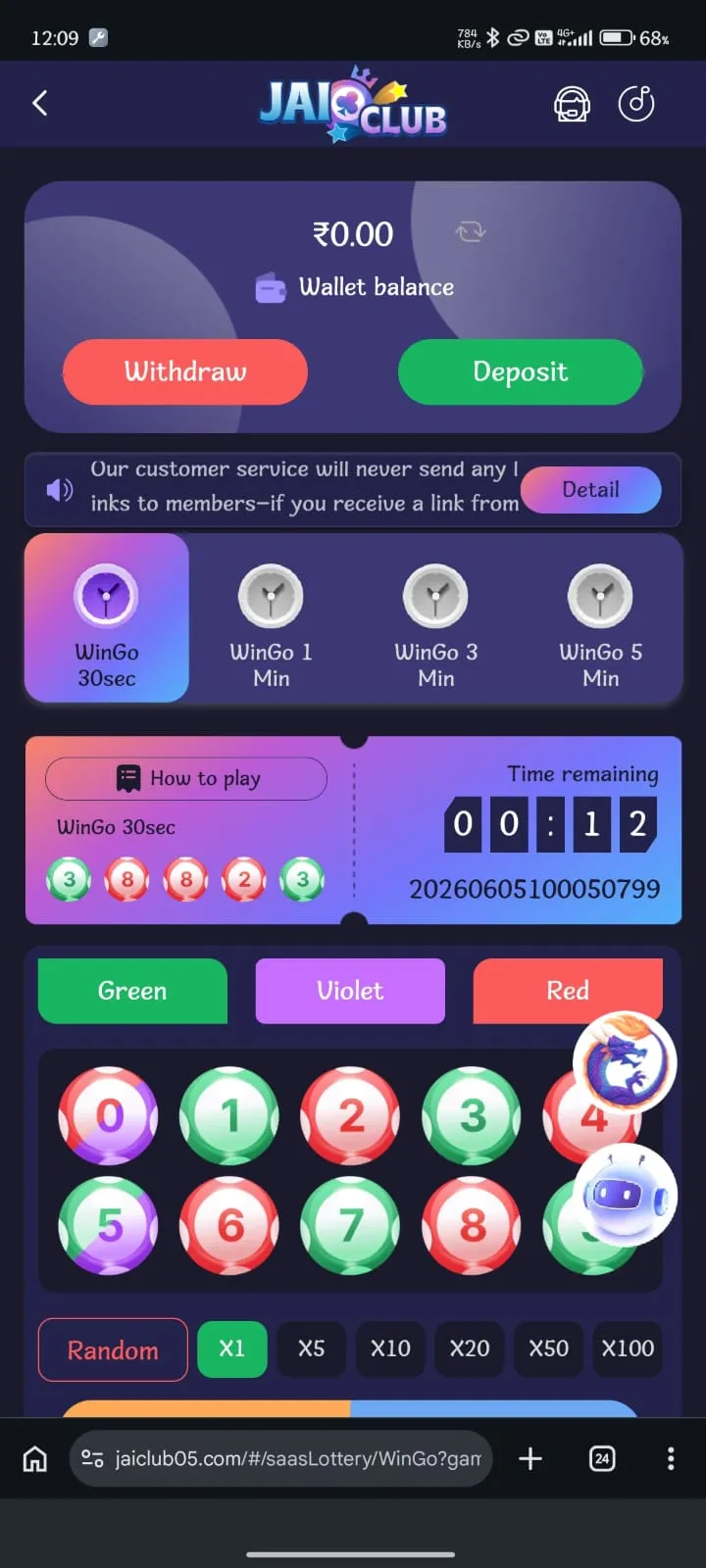 Jai Club App popular color prediction game board