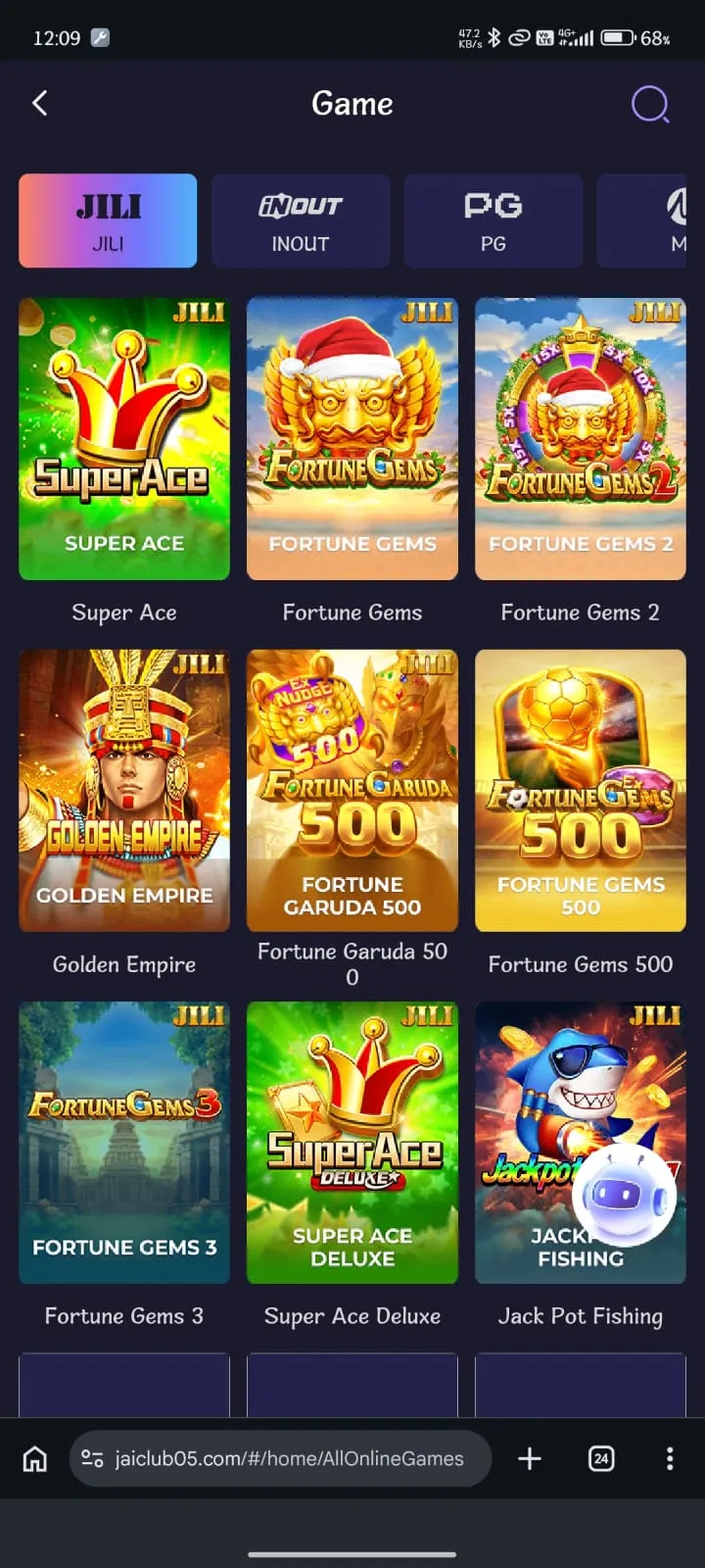 Jai Club App slots games collection screen