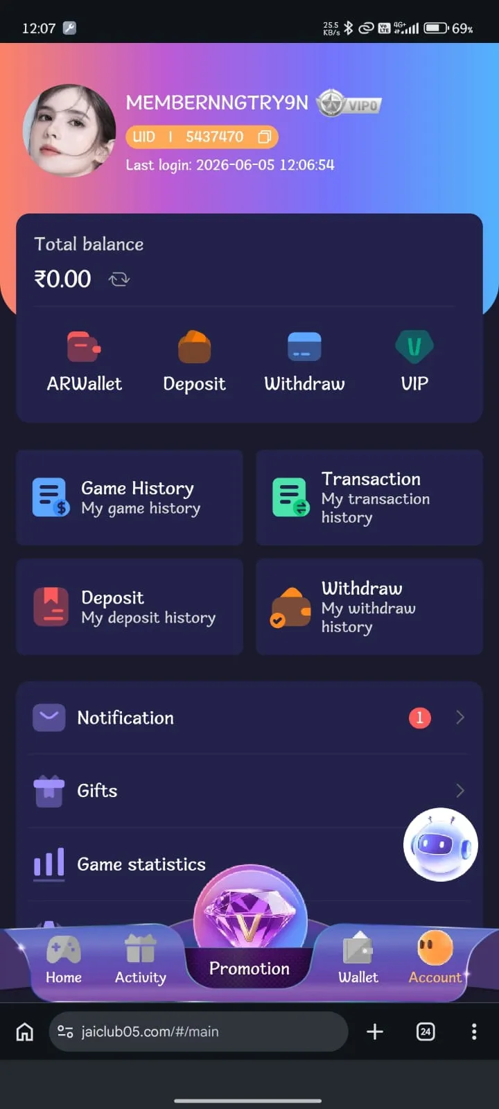 Jai Club App user account interface with wallet and game history