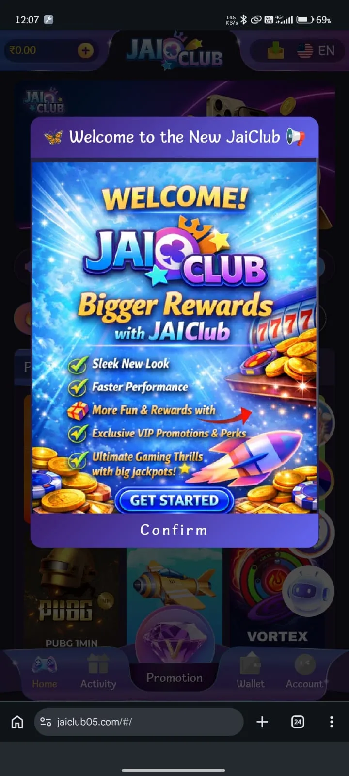 Jai Club App welcome bonus details and quick info screen