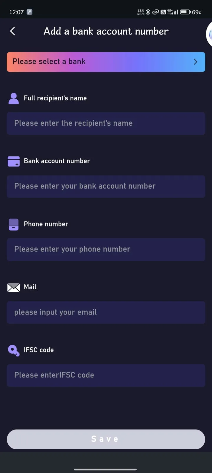 Jai Club App add bank account page for withdrawals